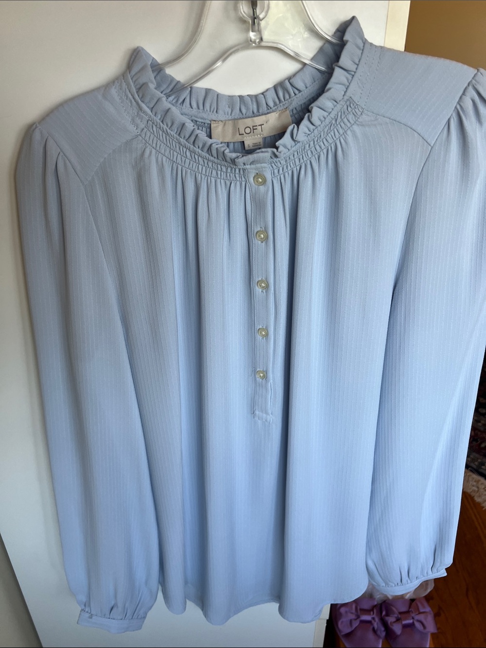 Loft Smocked Ruffle-Neck Long Sleeve Blouse - Light Blue